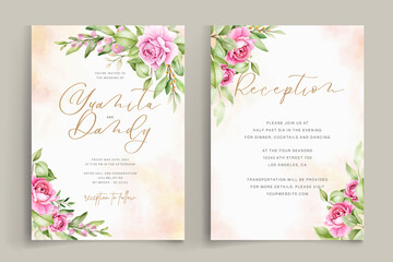 watercolor floral roses card with pink and green color set