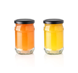 Pineapple jam and orange jam in jar isolated on white background.