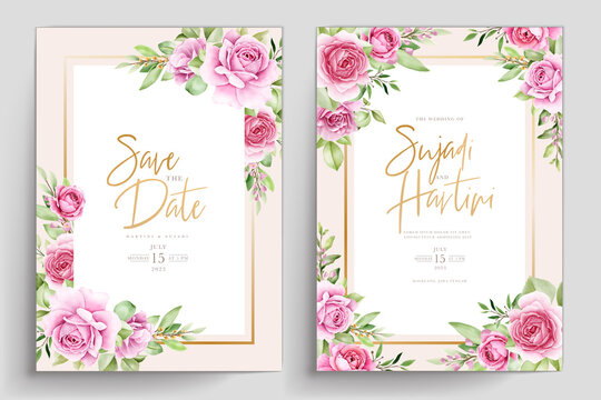 watercolor floral roses card with pink and green color set