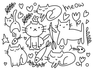 Fototapeta premium Vector Set of cats and Doodle elements. Funny hand drawn cats. Animals vector illustration with adorable kittens.