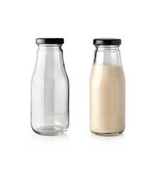 empty bottle and fresh milk in glass bottle  isolated on white background