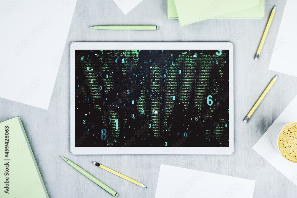 Poster abstract creative coding illustration with world map on modern digital tablet display, international