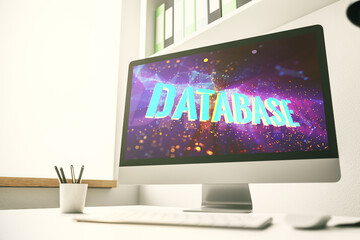 Modern computer screen with Database word sign, global research and analytics concept. 3D Rendering