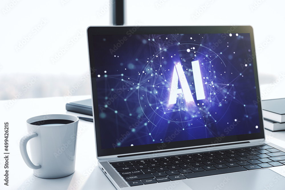 Poster creative artificial intelligence symbol concept on modern laptop screen. 3d rendering