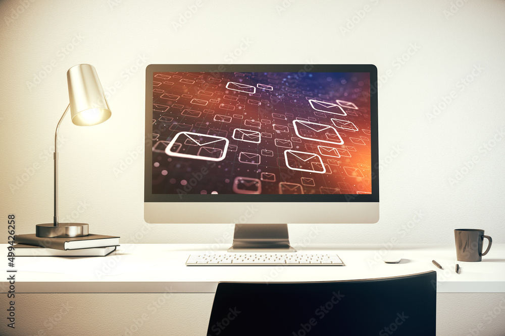 Poster Creative abstract postal envelopes sketch on modern laptop monitor, e-mail and marketing concept. 3D Rendering
