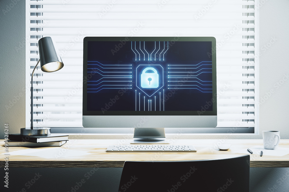 Poster Creative idea concept with lock symbol and microcircuit illustration on modern laptop screen. Protection and firewall concept. 3D Rendering