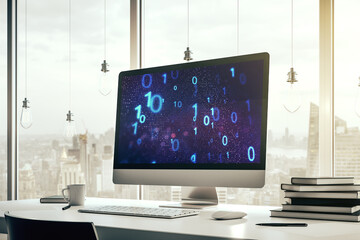 Creative abstract binary code sketch on modern laptop monitor, hacking and matrix concept. 3D Rendering