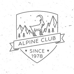 Alpine club. Vector illustration. Concept for shirt or badge, print, stamp or tee. Vintage line art design with rock climbing Goat and mountain silhouette. Outdoors adventure emblem.
