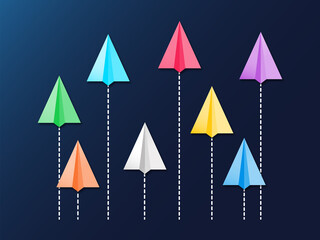 Diversity concept vector illustration. Colorful paper planes flying randomly viewed from top on blue background.