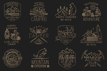 Set of Hiking, mountain expedition badge. Vector. Vintage line art design with mountaineers, camping tent, bear with lantern, campfire, camper tent, pot on the fire, axe and mountain.