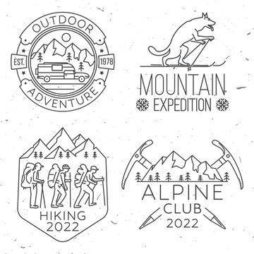 Set of Hiking, mountain expedition badge. Vector illustration. Concept for shirt or logo, print, stamp or tee. Vintage line art design with mountaineers and mountain .