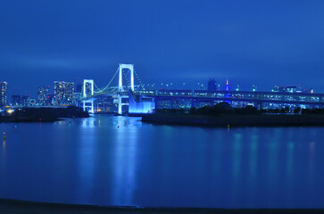 東京都お台場ビーチから見るレインボーブリッジと東京タワーの夜景