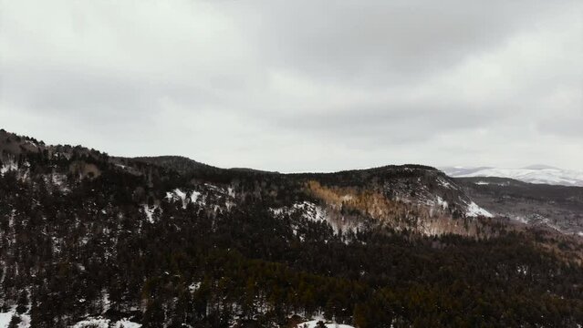 Winter landscape in Cubuk Karagol Nature Park. Snowy forests and mountains. Ankara Cubuk in Turkey. drone shooting