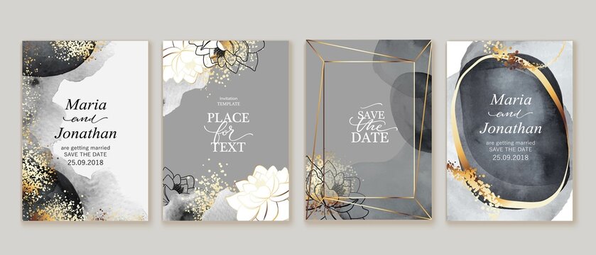 Set of elegant, chic cards with grey watercolor textures, abstract forms, golden line frames, splatters. Line art white lotus, flowers. Wedding, business  card, cover, invitation template.