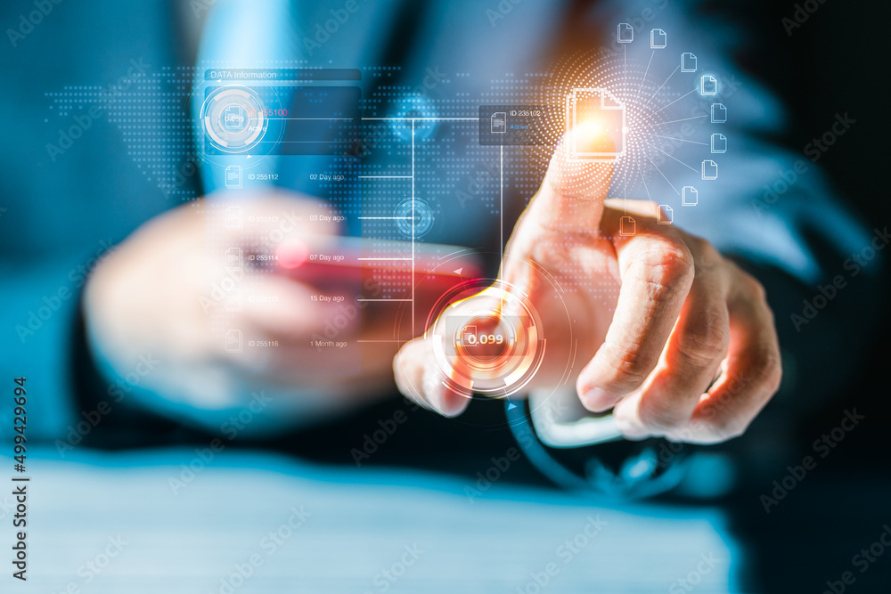 Poster document management system (dms), businessman is pointing digital files icon, business storage cloud