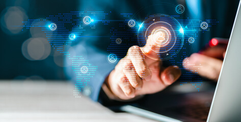 Businessman using virtual screen application on tabtop computer, digital marketing, financial, banking and big data