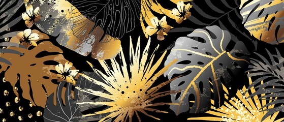 Abstract art nature background with golden, grey, beige exotic leaves. Artistic grunge hand drawn textures. Modern wallpaper, backdrop, wall art, poster, canvas print. © olechkaart
