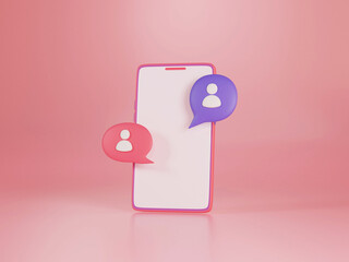 3D rendering isolated mobile chat message notification on hand colored background with smartphone and speech bubbles. Concept of online chat, speech, conversation, social media message conversation.