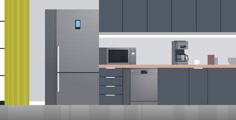 Modern kitchen interior no people and home appliances concept flat design illustration.