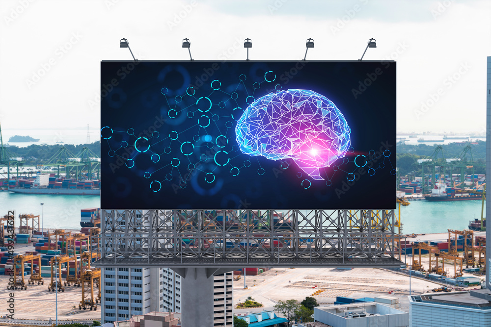 Poster brain hologram on billboard with singapore cityscape background at day time. street advertising post