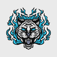 illustration of a white tiger head with blue flames