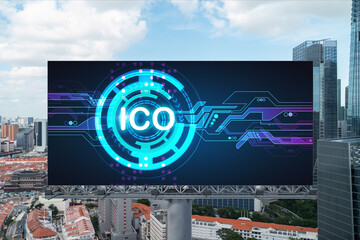 ICO hologram icon on billboard over panorama city view of Singapore at day time. The hub of...