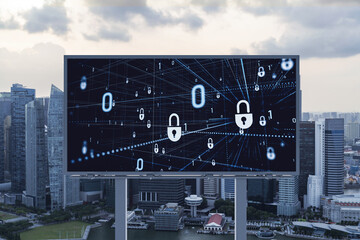 Padlock icon hologram on road billboard over panorama city view of Singapore at sunset to protect business, Southeast Asia. The concept of information security shields.