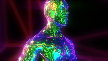 Retro Futuristic background of metal man and a rainbow wireframe structure. Metaverse avatar concept. - Powered by Adobe