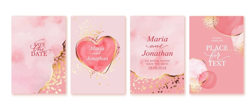 Set of elegant cards in pink, red, white, golden colors. Watercolor spots, ink imitation, gold lines, splatters. Two hearts. Wedding invitation. Love, romantic, Valentined day cards. Save the date.