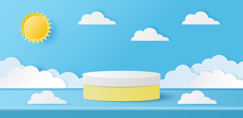 Paper cut of summer banner with pastel color cylinder podium for products display presentation with sun and clouds. Vector illustration