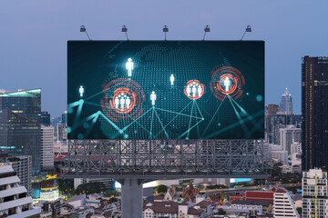 World planet Earth map hologram of social media icons over sunset panoramic cityscape of Bangkok, Southeast Asia. The concept of people connections.