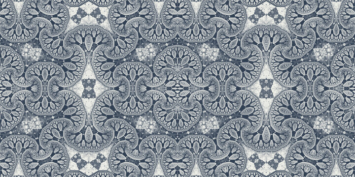 Abstract delicate intricately detailed kaleidoscope fractal lace maximalist seamless pattern swatch in navy blue, silver and white. Trendy modern 8K high resolution 3D rendering.
