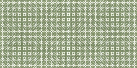 Batik small floral or sun motif in geometric squares on distressed boho textured linen in sage green and natural white. A fashion or interior design repeat wallpaper pattern textile. 3D rendering.