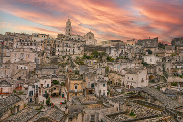 Fototapeta na wymiar Panoramic view of Matera, one of the oldest Italian cities, in the Basilicata region, Italy.