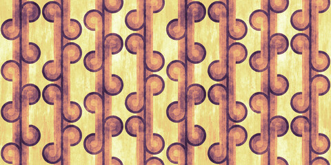Retro classic 70s circles and stripes wallpaper pattern. Geometric grungy watercolor seamless textile design background in distressed vintage nostalgia orange, yellow and violet brown. 3D Rendering.