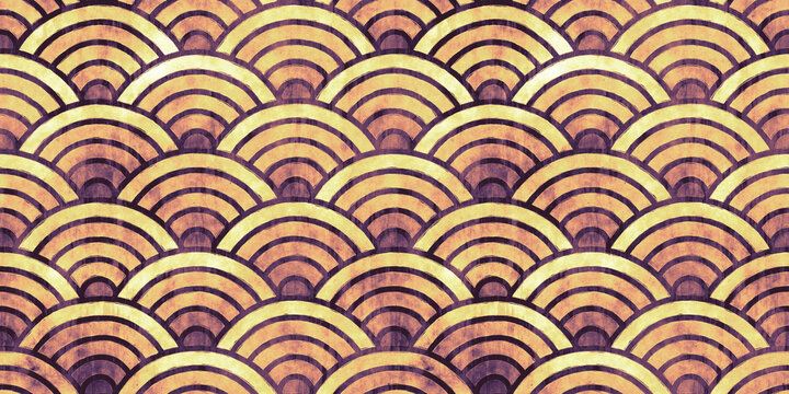 Vintage traditional Japanese seigaiha seamless wallpaper pattern. Retro sun, water, scales or rainbow hand drawn watercolor background in warm rust orange, yellow and brown earth tones. 3D Rendering.
