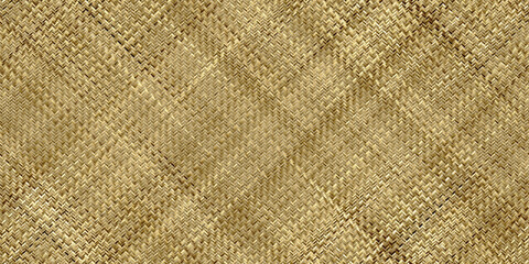 Seamless realistic bamboo basket weave repeat pattern. Golden straw woven wicker rattan mat or thatch twill textile texture for fashion or interior design. 8K high resolution material 3D rendering.