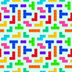 tetris board game colorful plastic bricks shiny glossy texture vector kawaii seamless pattern Gift Wrap wallpaper background