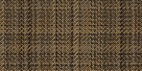 Seamless realistic bamboo basket weave repeat pattern. Dark brown wooden wicker rattan mat or thatch twill textile texture for fashion or interior design. 8K high resolution material 3D rendering.
