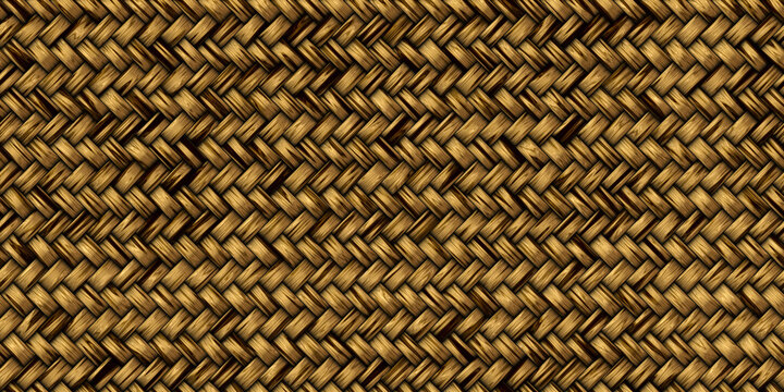 Woven bamboo reeds seamless basket weave tileable texture. Detailed wood grain on interlocking braided rattan wickerwork surface pattern design. 8K high resolution material 3D rendering.