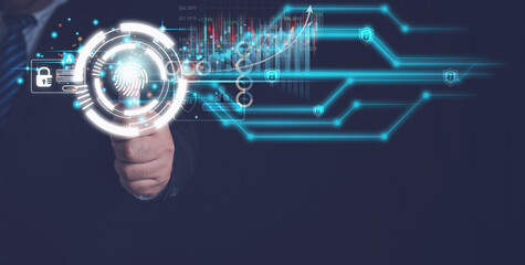 Businessman using the thumb to scan fingerprint for login processing biometric identification. Access security system digital internet online for financial and investment stock market to the future.