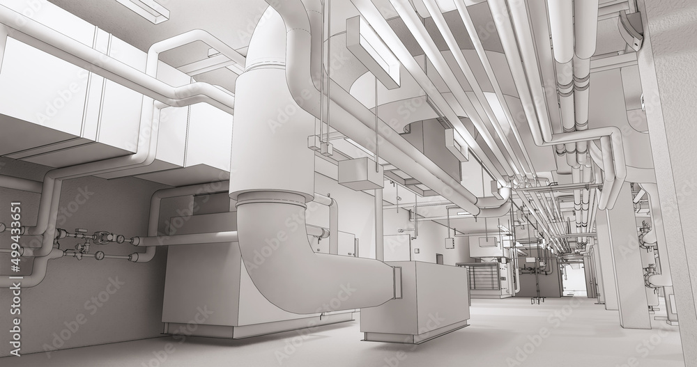 Poster conceptual visualization of the bim model utilities of the building at blueprint style