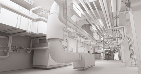 Conceptual visualization of the BIM model utilities of the building at blueprint style