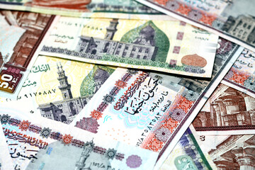 Background of a pile of Egyptian money banknotes of 50 LE and 200 LE, stack of fifty pounds and two...