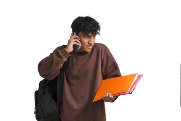 Young peruvian student talking on the smartphone and shrugging, isolated.