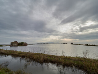 Marsh of the Albufera of Valencia, Spain, with the old farmers' houses now abandoned.
