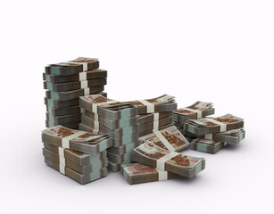 Stack of North Korean won notes. 3d rendering of bundles of money isolated on white background