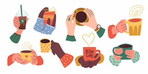 set of female hands hold hot drinks. takeaway coffee, tea. flat hand drawn illustration.