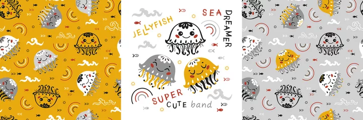 Cercles muraux Vie marine Set of Cute Baby Jellyfish Poster and Seamless Patterns. Childish Background with Medusa Kawaii Characters, Waves, Little Fish and Rainbows. Vector Sea Animals Drawing for Tee Print for Kids.