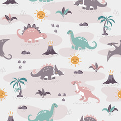 Seamless pattern cute dinos family, design for scrapbooking, decoration, cards, paper goods, background, wallpaper, wrapping, fabric and all your creative projects